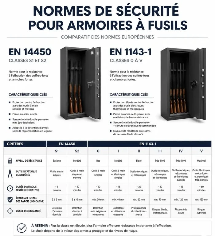 Infographie comparative des normes de sécurité EN 14450 et EN 1143-1 pour armoire à fusils