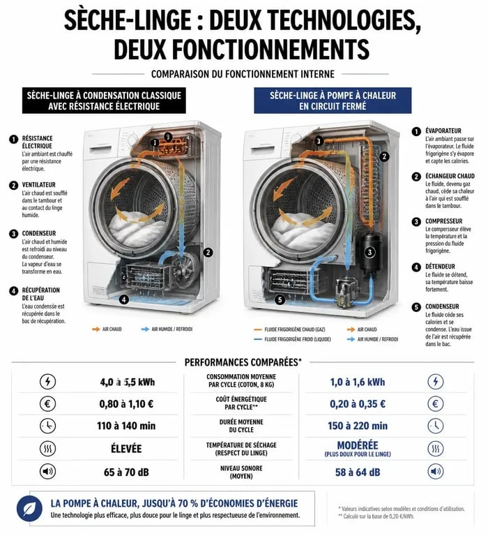 Schéma comparatif du fonctionnement d'un sèche-linge à pompe à chaleur par rapport à un modèle classique