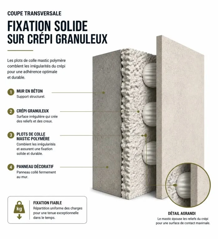 Schéma technique montrant comment coller un panneau sur un mur en crépi avec de la colle mastic polymère
