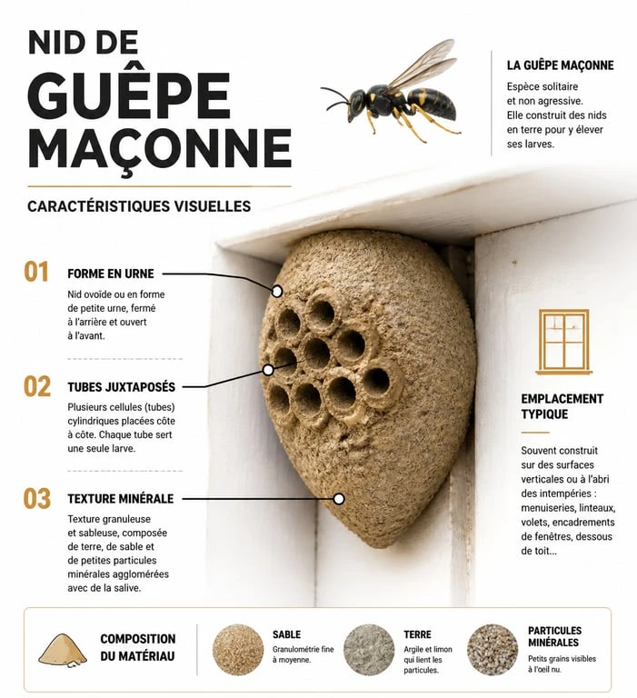 Infographie montrant comment identifier un nid de guêpe maçonne pour s'en débarrasser en toute sécurité