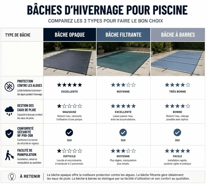 Tableau comparatif des types de bâches d'hivernage pour piscine : opaque, filtrante et à barres.