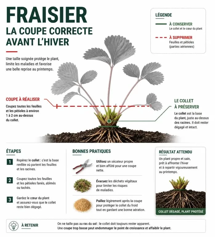 Schéma explicatif de la taille des feuilles de fraisier avant l'hiver pour un jardinage optimal