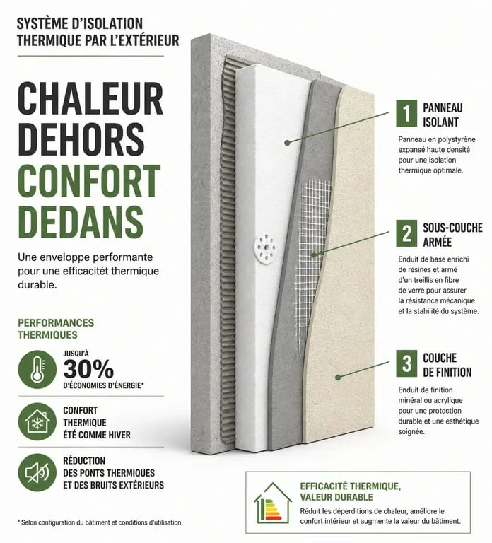 Schéma technique d'une façade avec crépi isolant montrant les couches d'isolation thermique