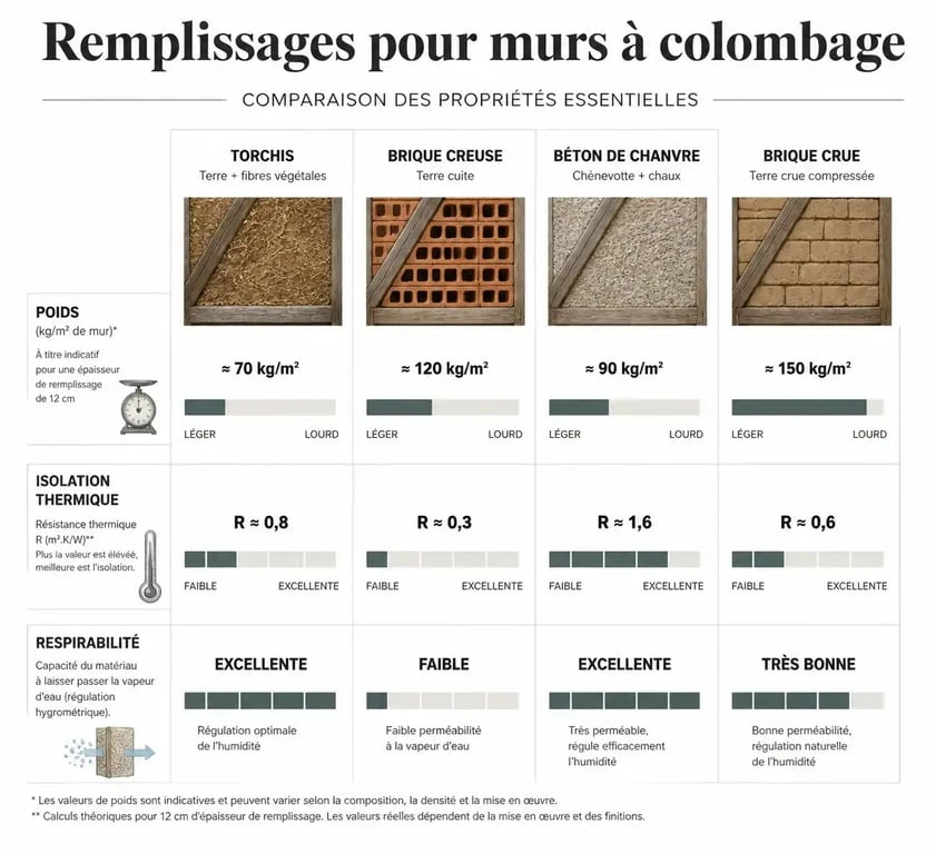 Tableau comparatif des matériaux de remplissage pour la rénovation d'un mur à colombage