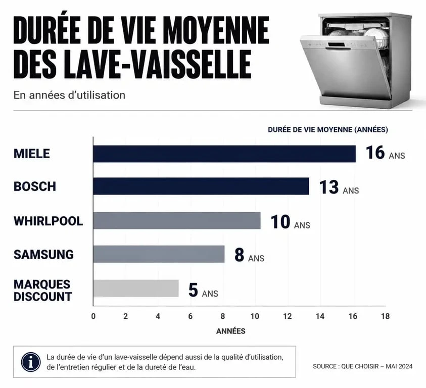 Graphique comparatif de la durée de vie moyenne des lave-vaisselle par marque pour optimiser la longévité de votre appareil