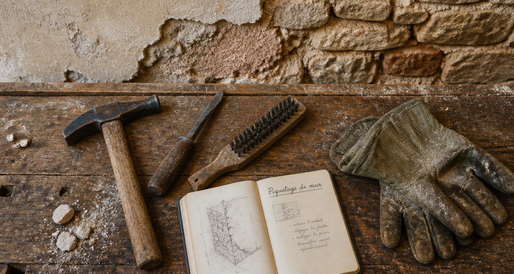 piquetage mur outils sur établi ancien