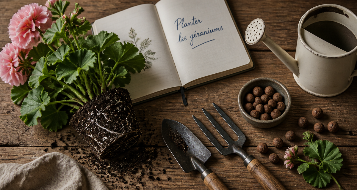 quand planter geranium sur table avec outils
