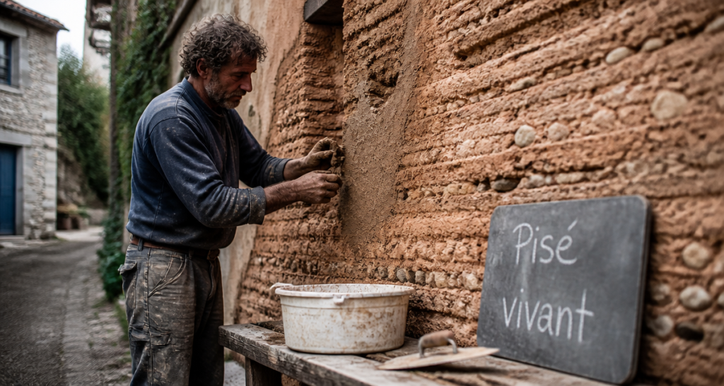 artisan répare mur en pisé village Rhône-Alpes