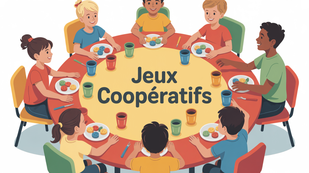 Enfants et adultes réunis table ronde jeux coopératifs