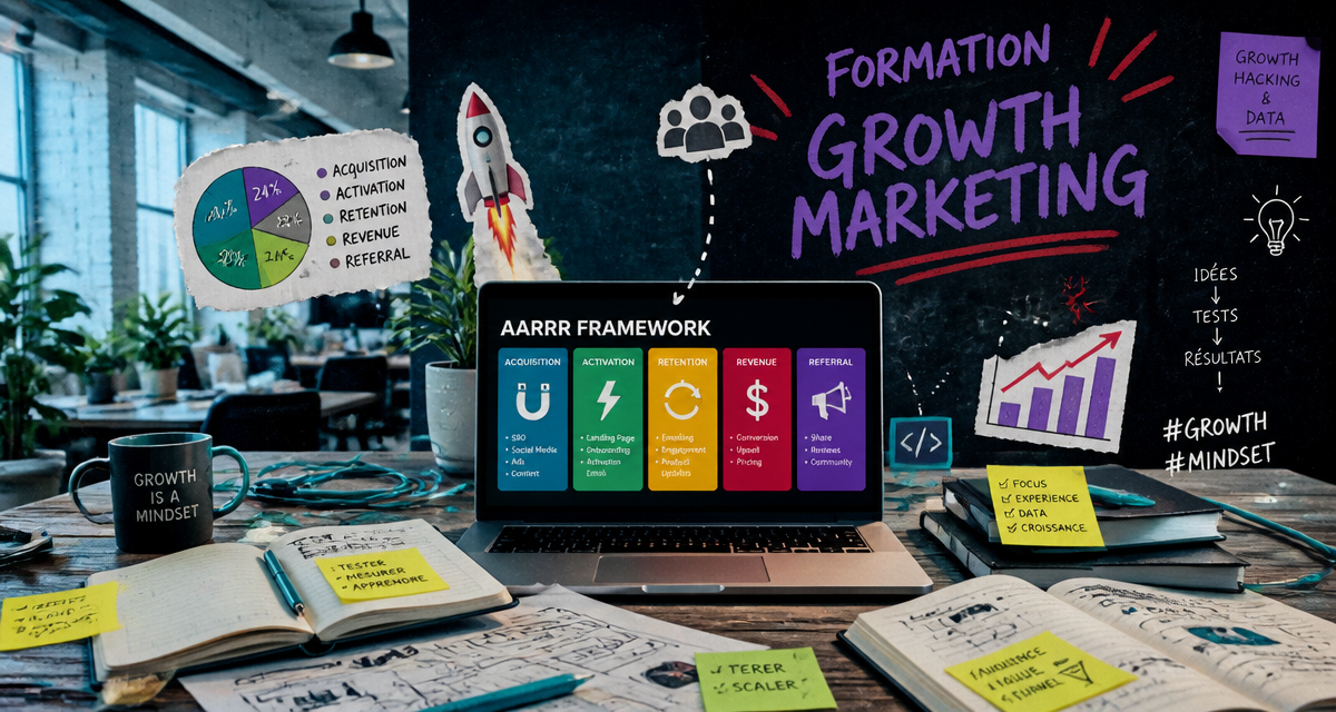 formation growth marketing dashboard et équipe brainstorming