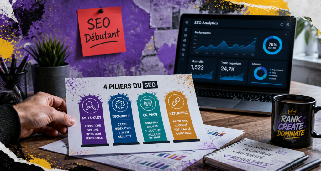 Infographie formation SEO débutant 4 piliers