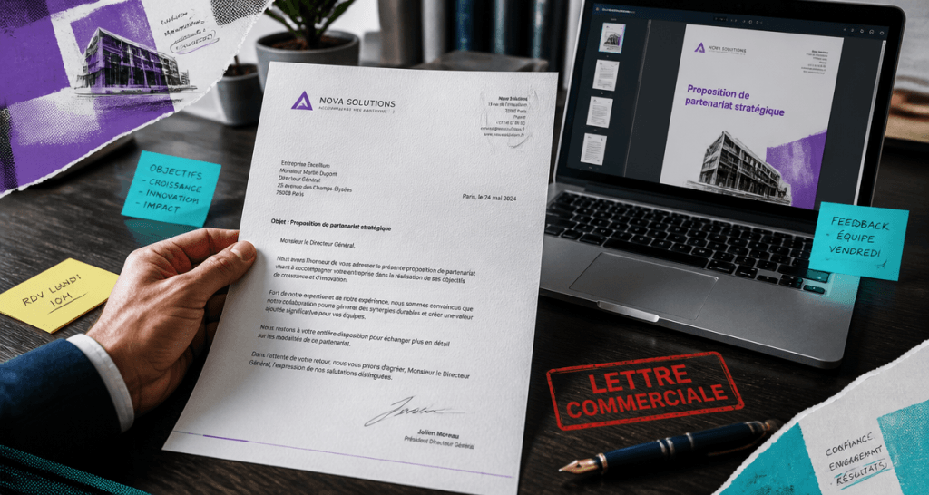 Lettre commercial exemple avec stylo et ordinateur