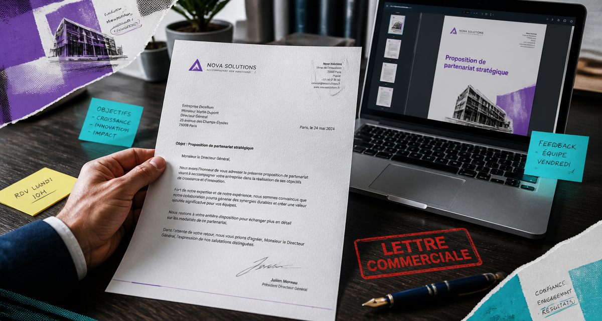 Lettre commercial exemple avec stylo et ordinateur