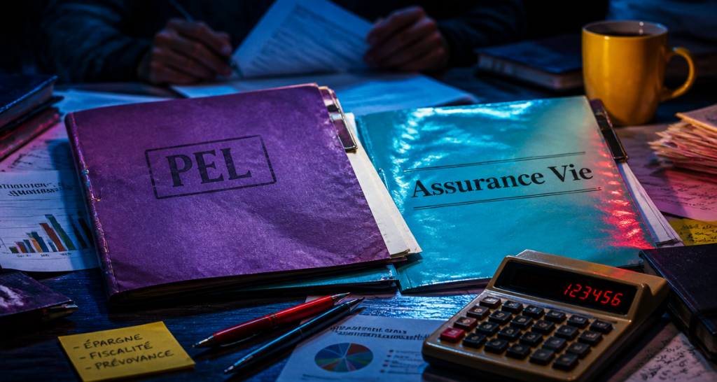 PEL ou assurance vie dossiers sur table avec calculatrice