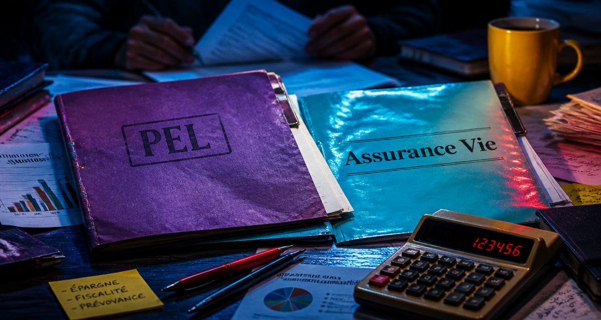 PEL ou assurance vie dossiers sur table avec calculatrice