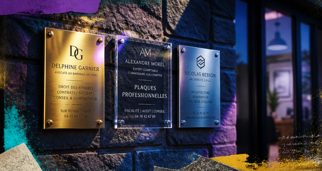 Plaque profession libérale laiton plexiglas aluminium sur mur élégant