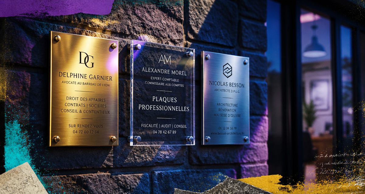 Plaque profession libérale laiton plexiglas aluminium sur mur élégant