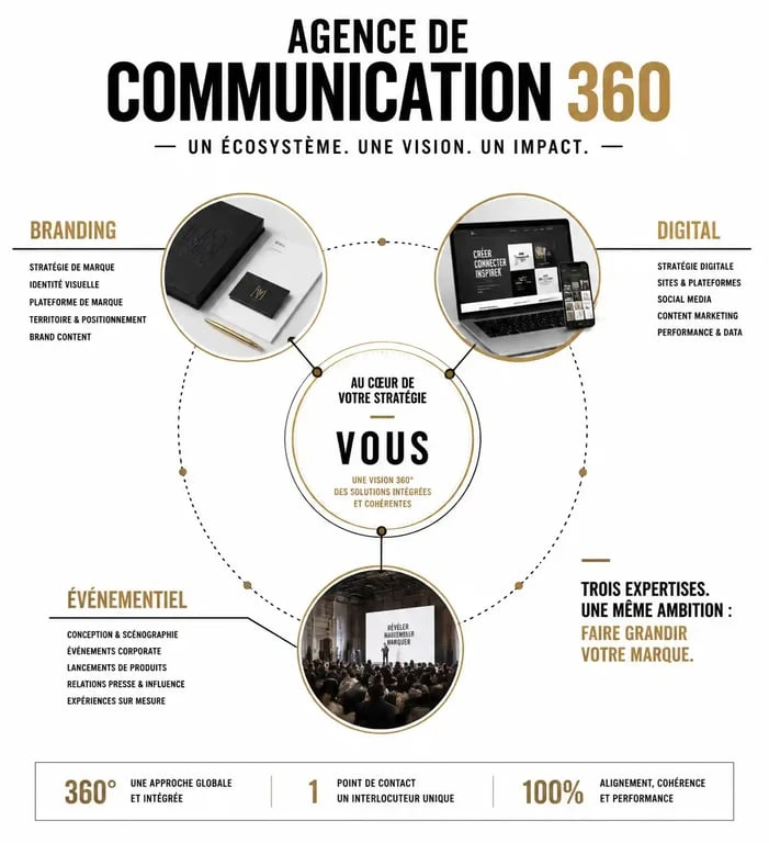 Schéma illustrant le fonctionnement d'une agence de communication 360 intégrant branding, digital et événementiel.