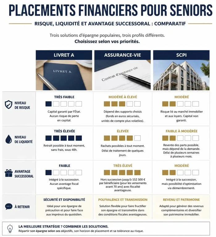 Infographie comparative des meilleurs placements pour un senior : risque, liquidité et transmission