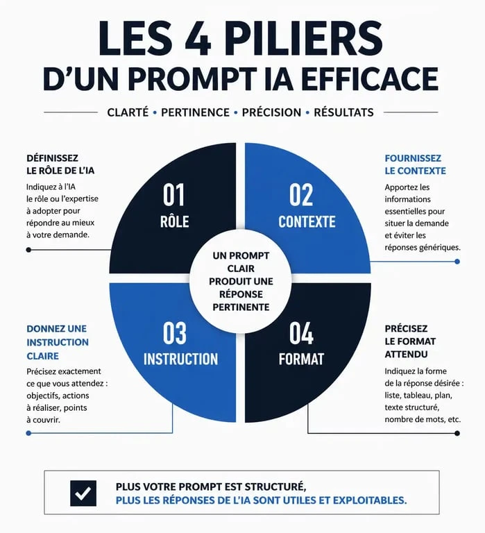 Schéma des quatre piliers d'un prompt IA efficace pour la rédaction de requêtes