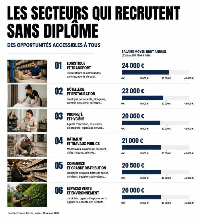Infographie des métiers et salaires accessibles pour travailler sans diplôme