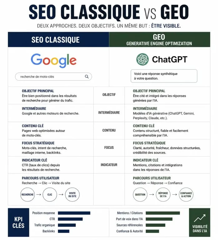 Comparatif entre le SEO classique et le référencement ChatGPT (GEO) pour optimiser sa visibilité