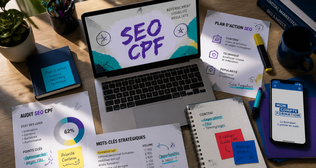formation seo cpf sur bureau avec ordinateur et documents