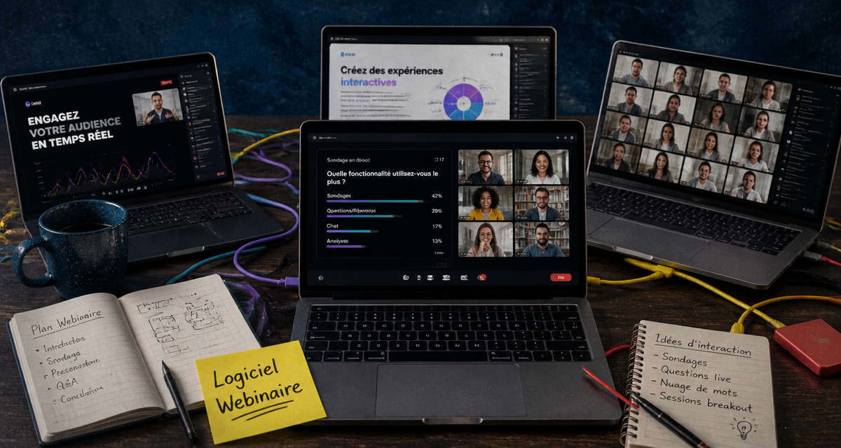 logiciel webinaire laptops visioconférence table