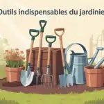 Outils de jardinage liste avec photos sur fond de jardin