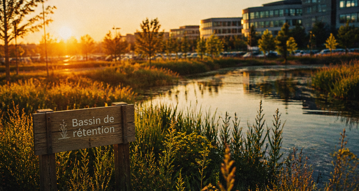 bassin de rétention avec panneau et végétation