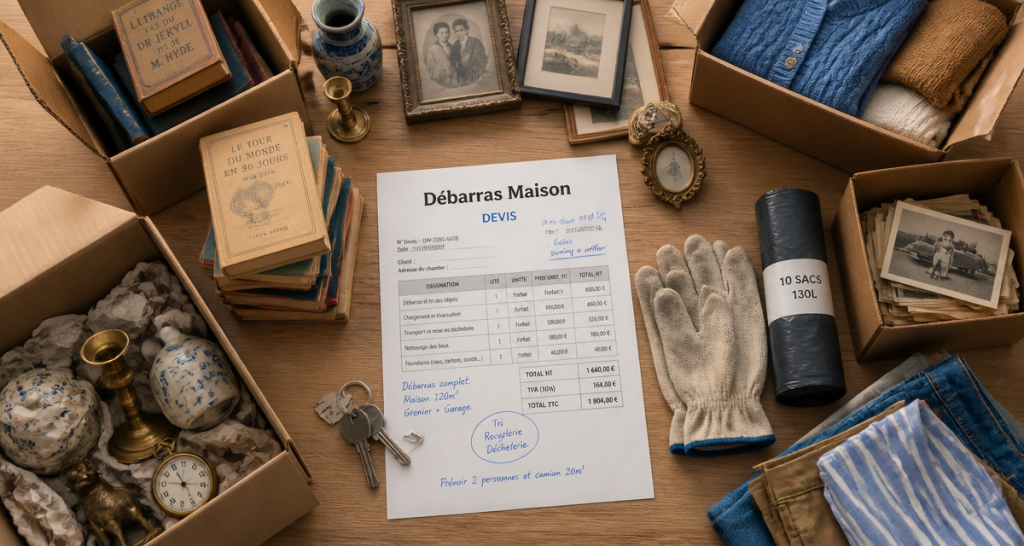 debarras maison devis sur table avec objets