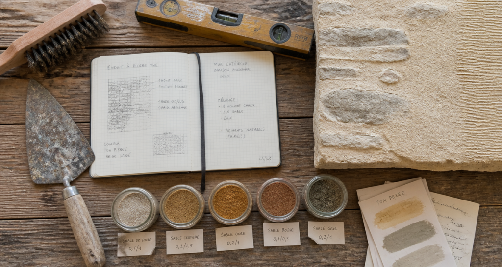outils enduit pierre vue sur plan de travail