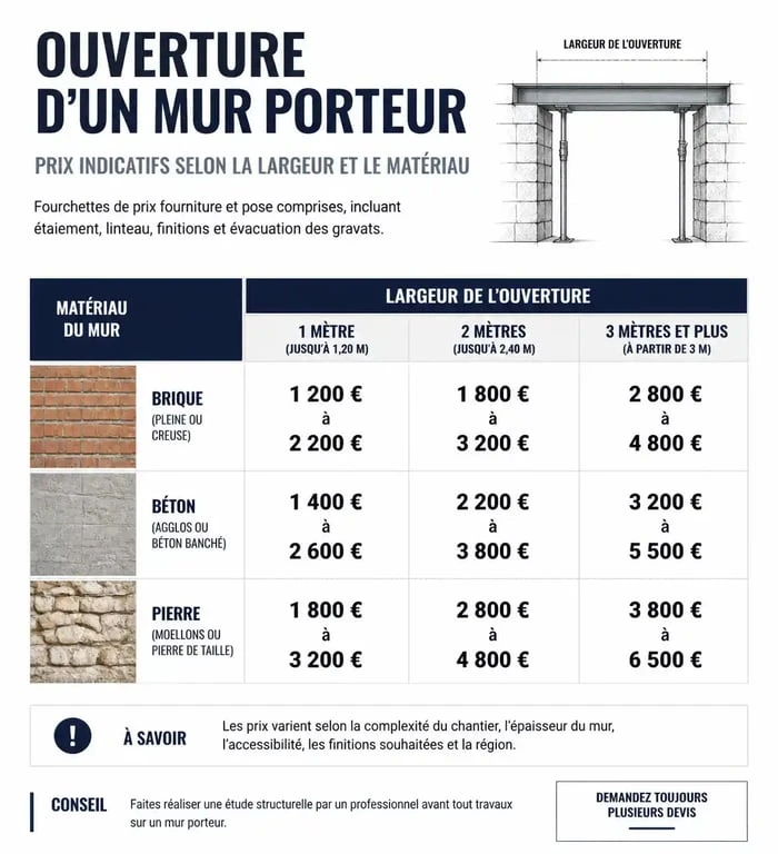 Infographie des prix pour l'ouverture d'un mur porteur avec pose d'IPN selon les dimensions et matériaux