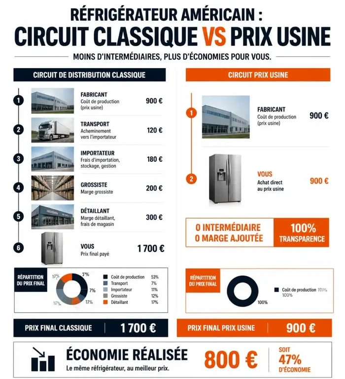 Comparatif prix frigo américain prix usine versus prix public en magasin
