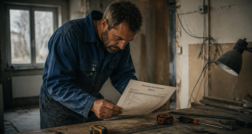 les artisans du batiment vérifient un devis dans un atelier