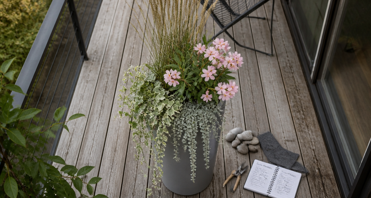 que planter dans un pot haut et étroit graminée laurier-rose lierre