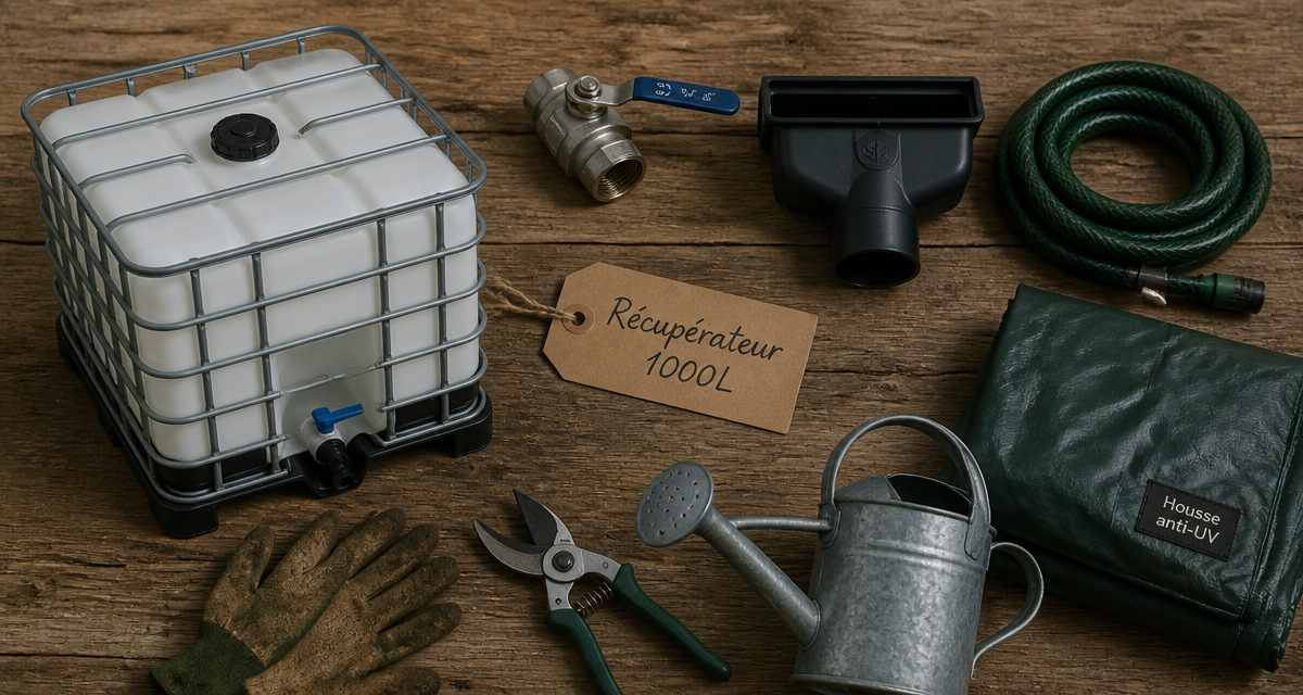 Vue d’un récupérateur d'eau 1000L avec accessoires sur plan de travail
