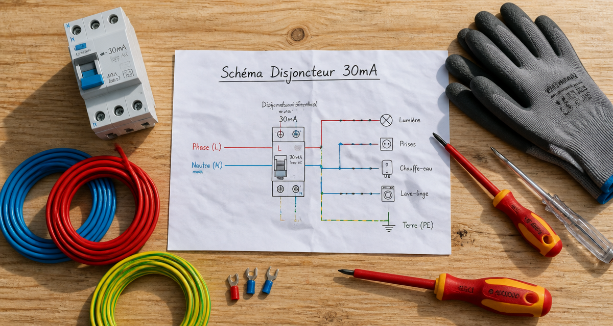 schema branchement disjoncteur différentiel 30ma avec outils