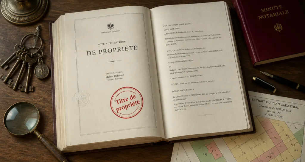 acte de propriété maison, bureau, clés, tampon notarial