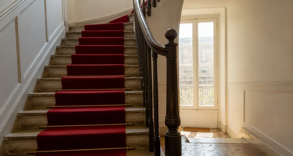 cage d'escalier immeuble rénové avec rampe bois et tapis rouge