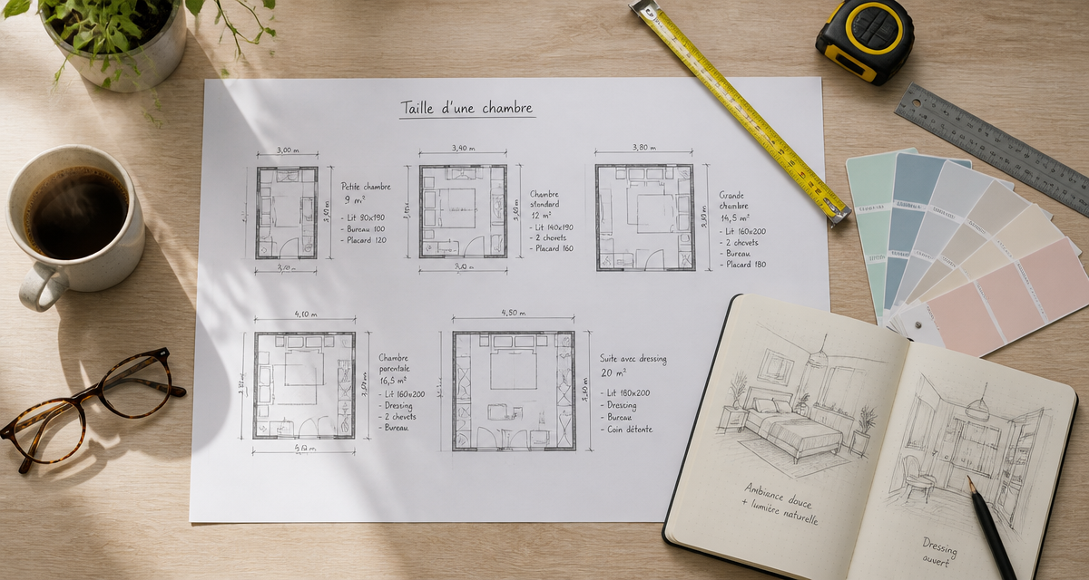 plan annoté taille chambre sur bureau