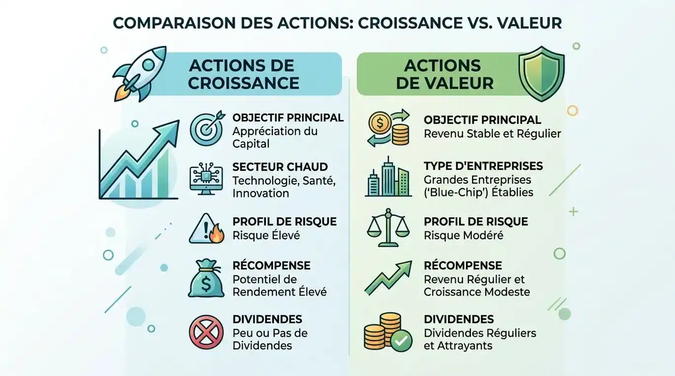 Infographie comparative : Actions de Croissance vs Actions de Rendement