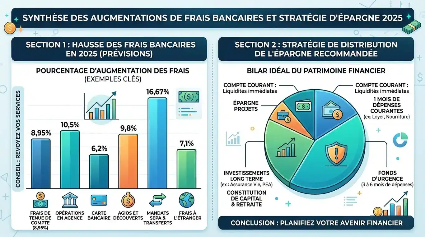 Infographie sur l'évolution des frais bancaires 2025 et la stratégie de répartition de l'épargne