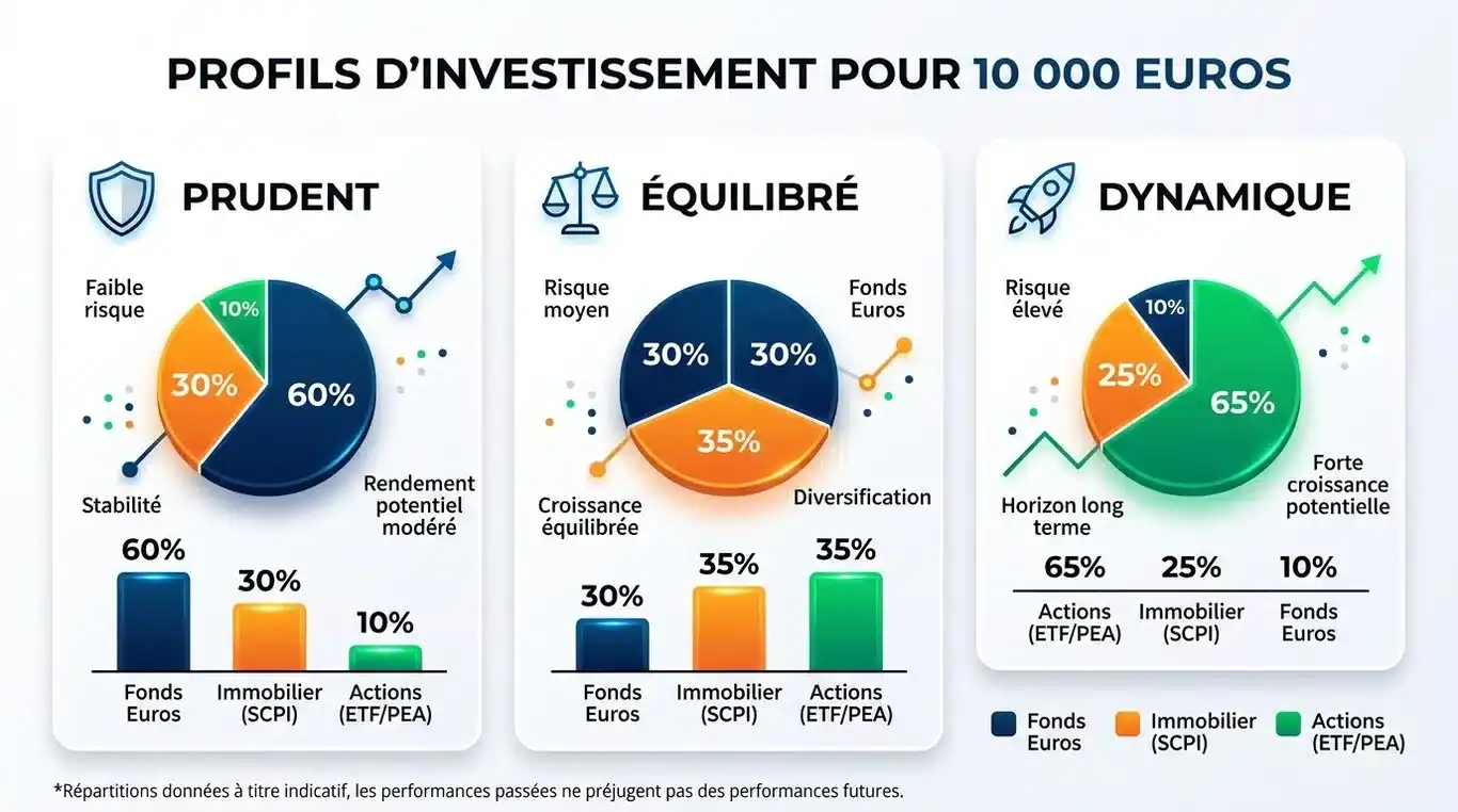 Infographie comparant la répartition des 10 000 euros selon les profils d'investisseur : Prudent, Équilibré et Dynamique.