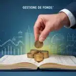 Gestion de fonds, main déposant pièce or, graphiques et immeubles