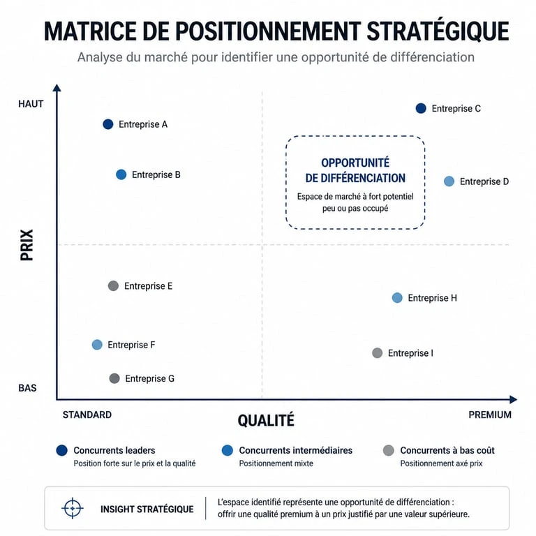 Matrice de positionnement d'entreprise illustrant le mapping concurrentiel pour définir sa stratégie de différenciation sur le marché.