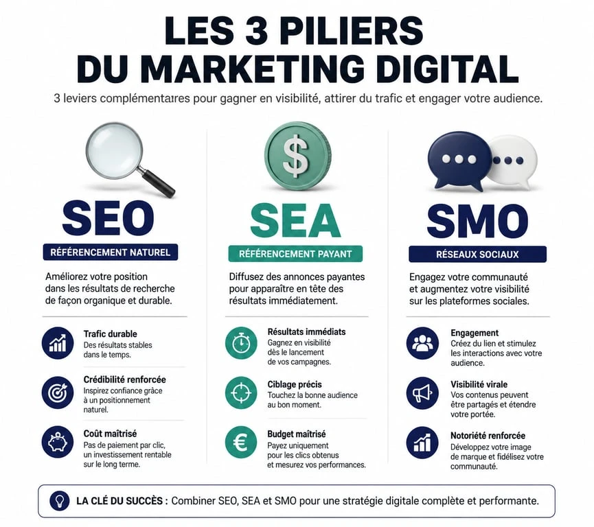 Infographie comparative des stratégies digitales : SEO, SEA et SMO pour comprendre la définition du SMO
