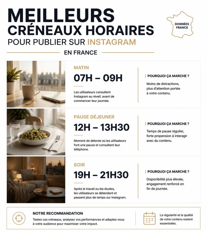 Infographie des meilleurs horaires pour poster sur Instagram en France pour maximiser l'engagement.
