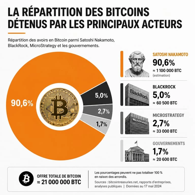 Infographie de la répartition des avoirs en Bitcoin entre Satoshi Nakamoto, les entreprises et les États.