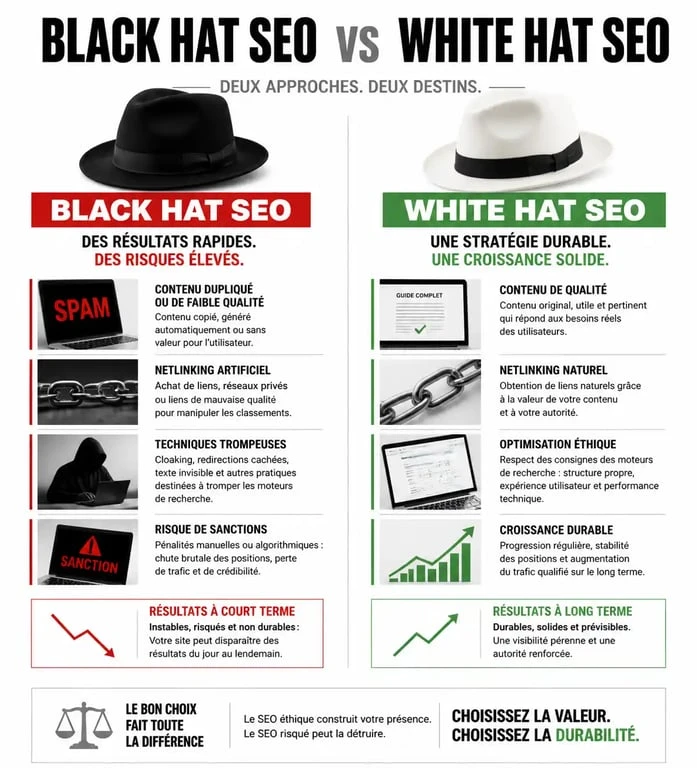 Infographie comparative entre les techniques de Black Hat SEO et de White Hat SEO pour éviter la manipulation SEO.